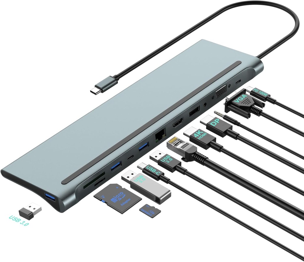 Pwaytek USB C Dual Monitor Expansion Base, 12 in 1 Laptop Expansion Base, Suport HDMI, DP, VGA, USB 3.0/2.0, SD/TF Audio, Potrivit pentru Mac, Dell, HP, Lenovo