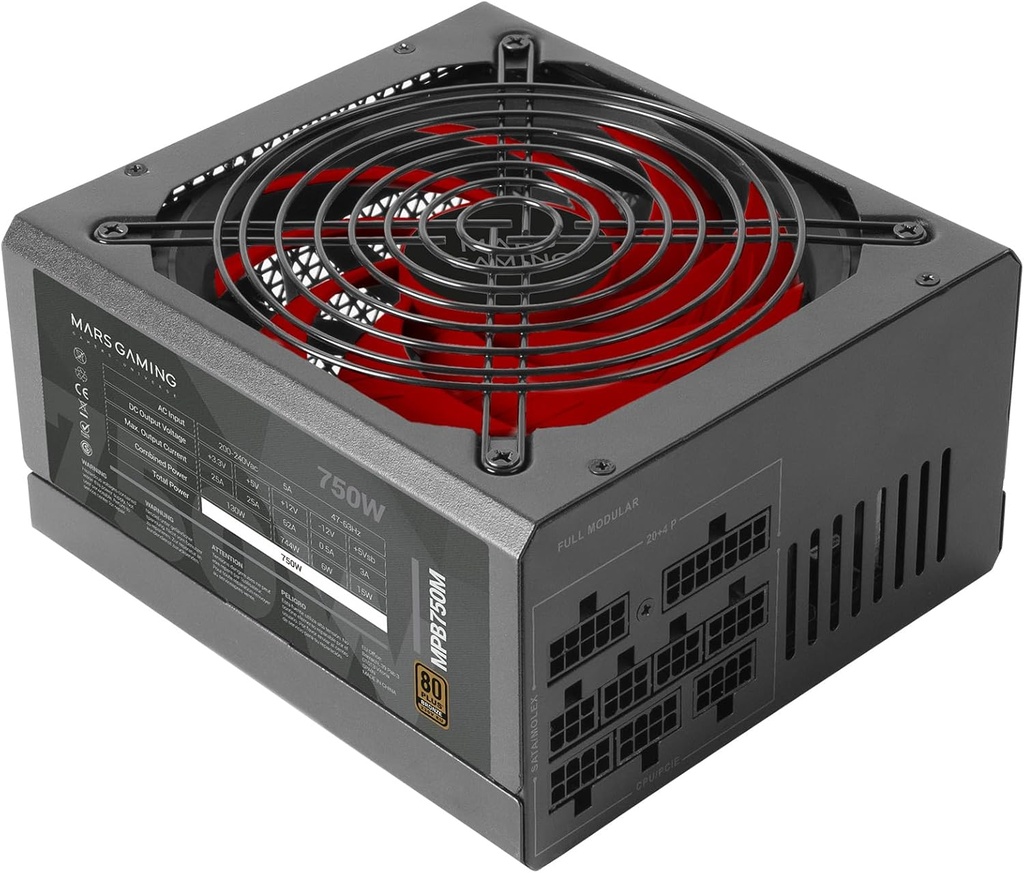 Mars Gaming MPB750M, sursă de alimentare modulară ATX 750W, 6 ani garanție, 80Plus Bronze 230V, tehnologie silențioasă AI-RPM, eficiență 90%, negru