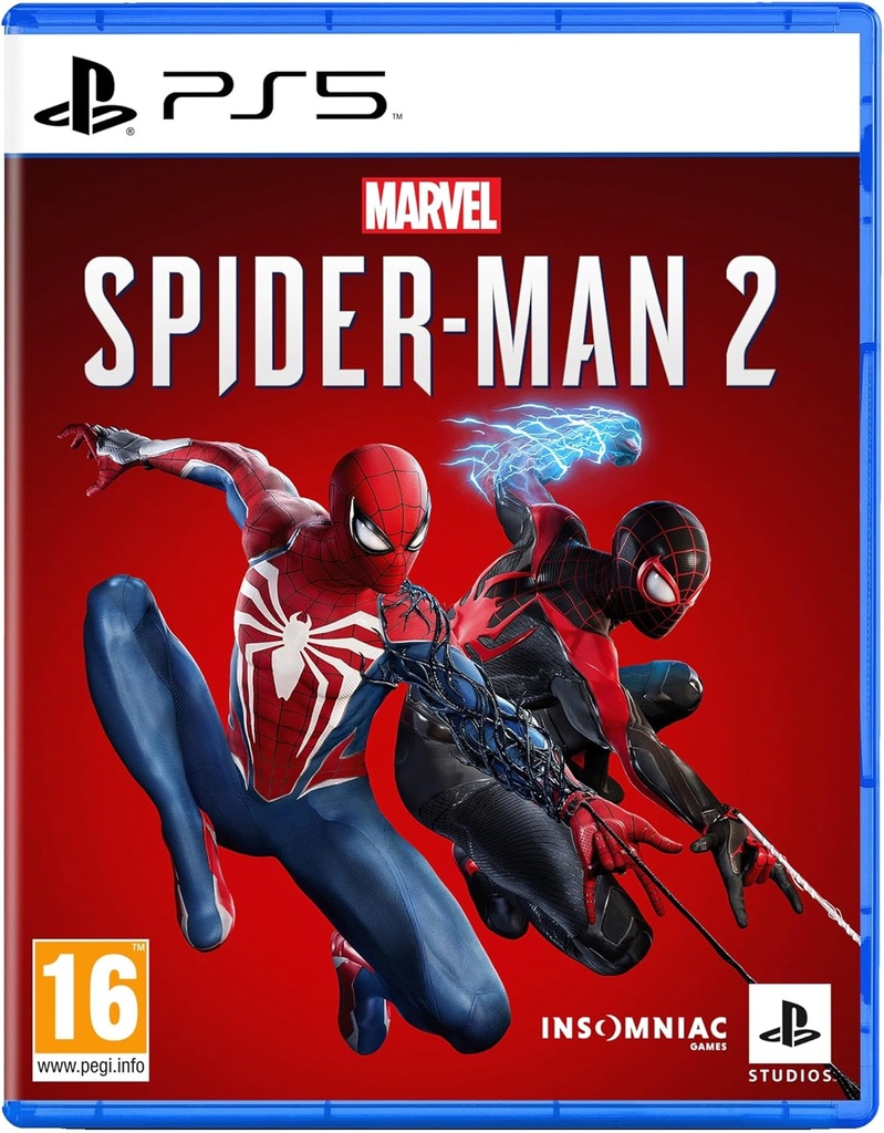 Marvel's Spiderman 2 pentru PS5, un joc video original PlayStation de la Sony Interactive, disponibil în spaniolă, engleză și portugheză.