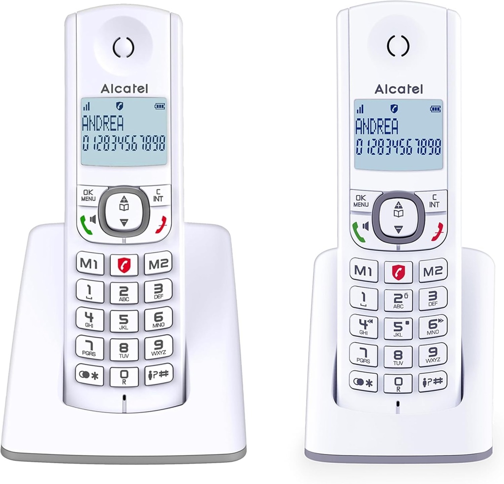 ALCATEL F530 Duo - Telefon fix DECT fără fir - Ecran mare cu iluminare din spate - Mâini libere - Funcție de blocare a apelurilor - 2 taste de memorie directă - 2 receptoare - Alb/Gri