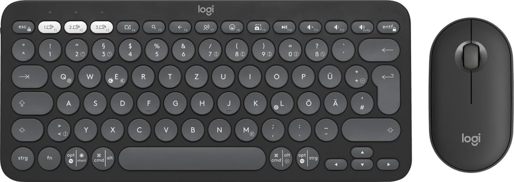 Logitech Pebble 2 Combo, tastatură și mouse fără fir, silențios și portabil, personalizabil, Logi Bolt, Bluetooth, Easy-Switch pentru Windows, macOS, iPadOS, Chrome, aspect QWERTZ german, grafit