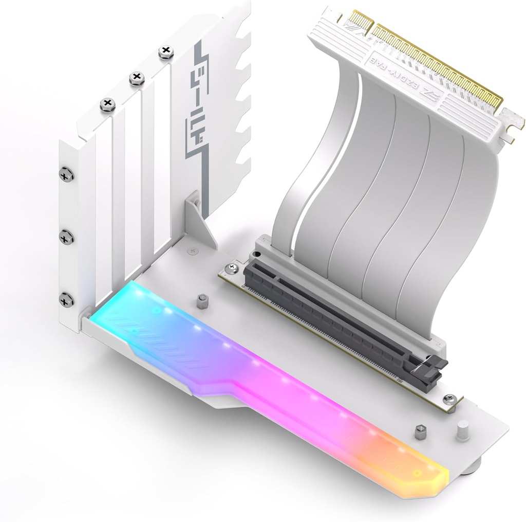 Suport vertical pentru GPU EZDIY-FAB cu cablu riser PCIE 4.0, modul ARGB, extensie flexibilă de 115 mm, conector la 90 de grade, compatibil numai cu sloturi PCIe complet deschise - alb