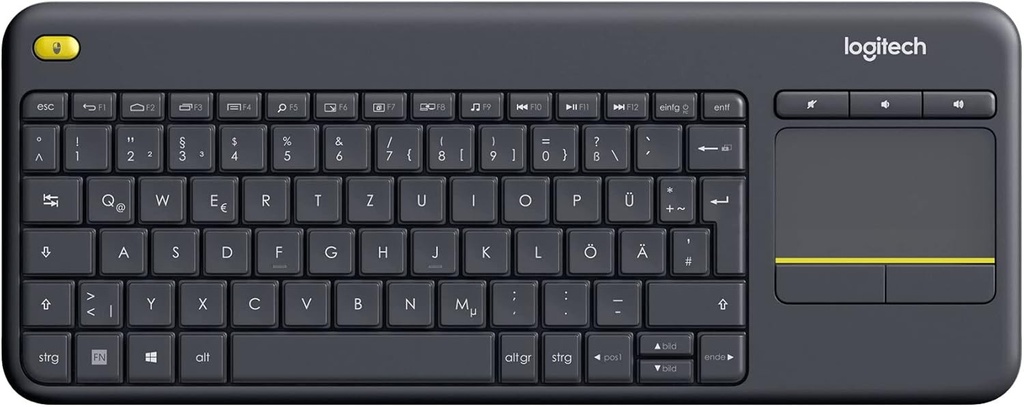 Tastatura TV tactila fara fir Logitech K400 Plus, comenzi multimedia usoare si touchpad integrat, aspect german QWERTZ - negru