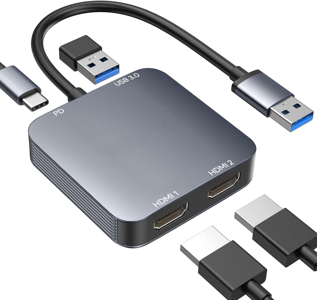 ABLEWE Adaptor USB 3.0 la HDMI dublu cu port USB 3.0, cablu convertor grafic audio video HDMI la USB pentru laptop monitor desktop TV, compatibil cu Mac OS, Windows