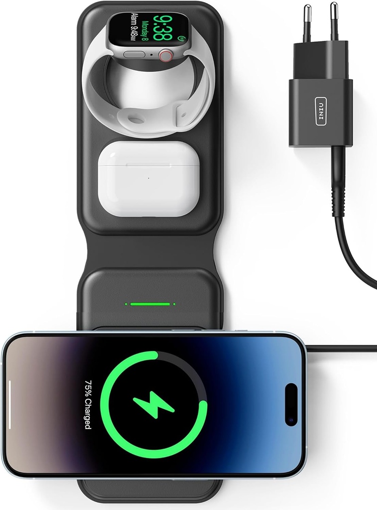 Încărcător fără fir INIU, stație de încărcare fără fir 3 în 1 Încărcător Magsafe, suport pentru încărcător multiplu cu certificat Qi, potrivit pentru călătorii pentru iPhone 16/15/14/13/12 Pro Max Apple Watch Ultra AirPods 4 3 Pro etc.