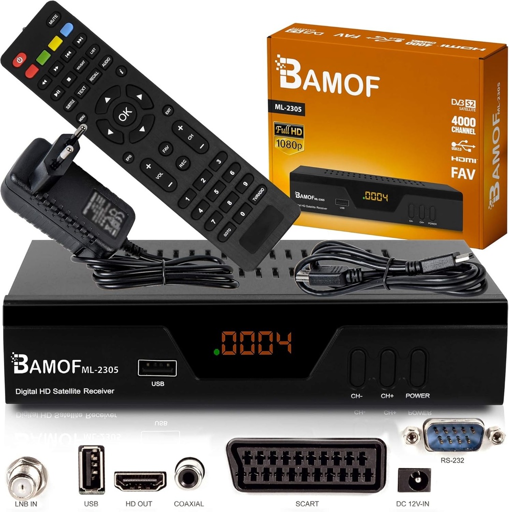 Receptor digital prin satelit hd-line Bamof 2305 - (HDTV, DVB-S/S2, HDMI, SCART, 2x USB 2.0, Full HD 1080p) [Preprogramat pentru Astra Hotbird Turksat] [Clasa de energie A++]