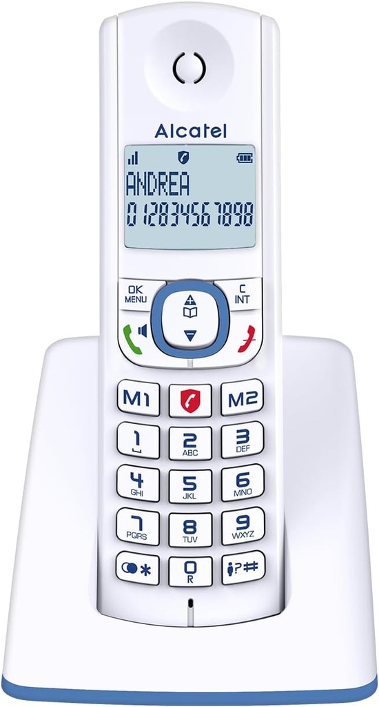 ALCATEL F530 - Telefon DECT fără fir - Ecran mare cu iluminare din spate - Mâini libere - Funcție de blocare a apelurilor - 2 taste de memorie directă - Alb/Albastru