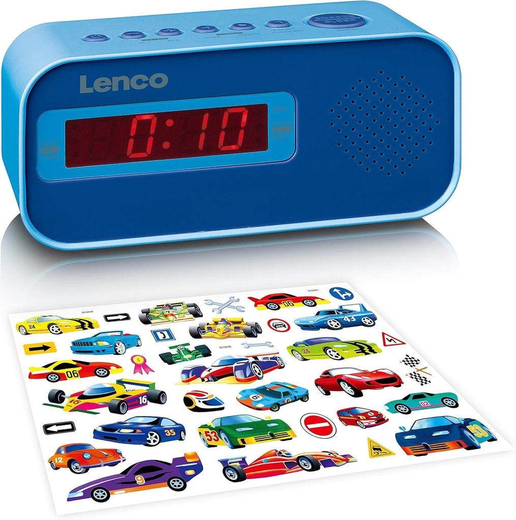 Ceas cu alarma pentru copii Lenco Cr-205 - Timp de trezire de doua ore - Radio FM PLL - Functie Snooze - Dimmer - Autocolant - Albastru (1 bucata)