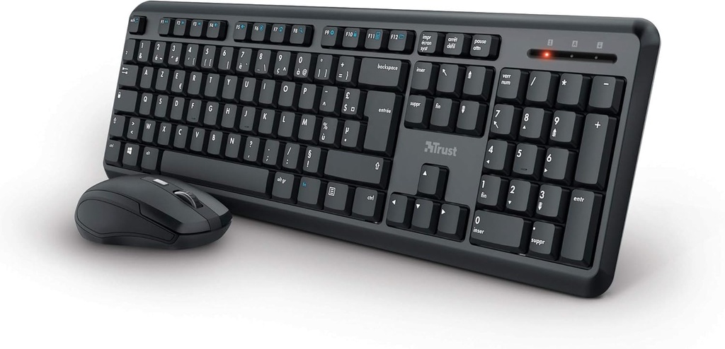 Trust Ymo Wireless Keyboard and Mouse Combo - French AZERTY, Rezistent la scurgeri, Set silentios, Receptor USB, 13 taste rapide, PC/Laptop, Windows/MacOS - Negru, Exclusiv Amazon