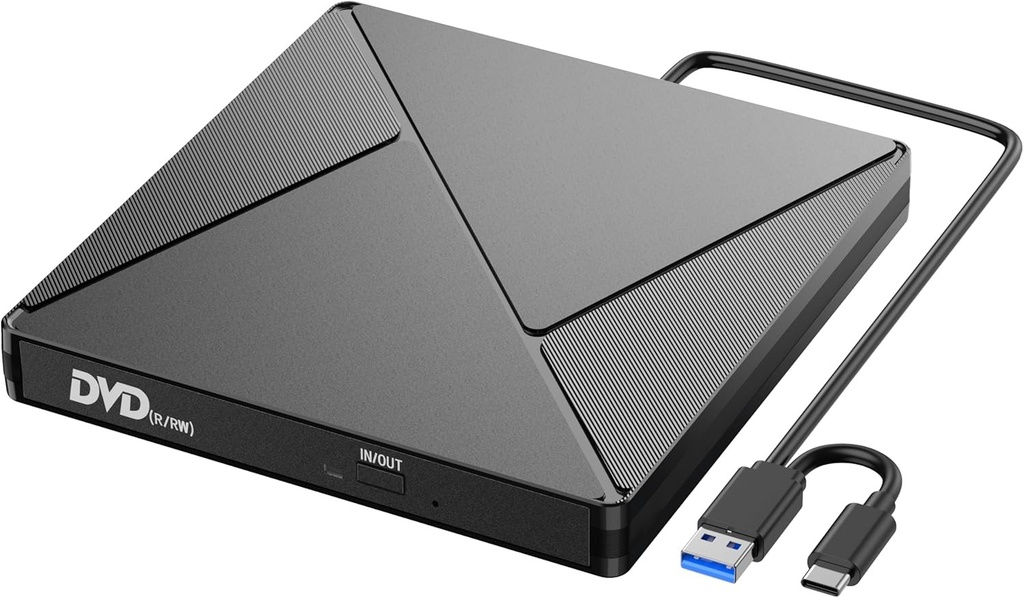Unitate CD/DVD externa pentru computer, USB 3.0 si USB-C Gravator DVD extern Unitate optica portabila CD/DVD -/+RW, player DVD subtire Transmisie rapida Cablu USB incorporat pentru Windows/MacOS/Laptop/Birou