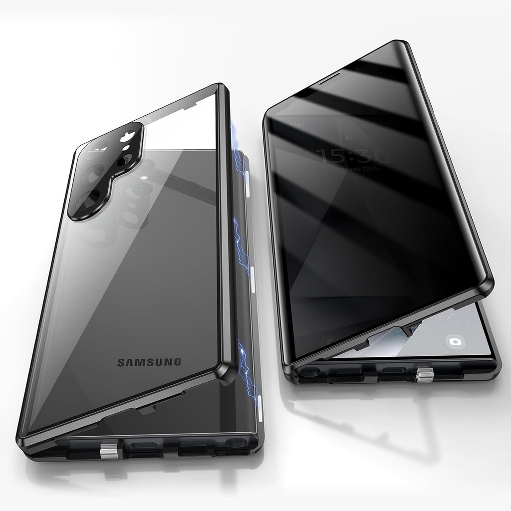 Husa Jonwelsy anti-peeping pentru Samsung Galaxy S24 Ultra, husa de protectie la 360 de grade, husa anti-spion din sticla securizata pentru confidentialitate, husa cu cadru metalic cu absorbtie magnetica (negru)