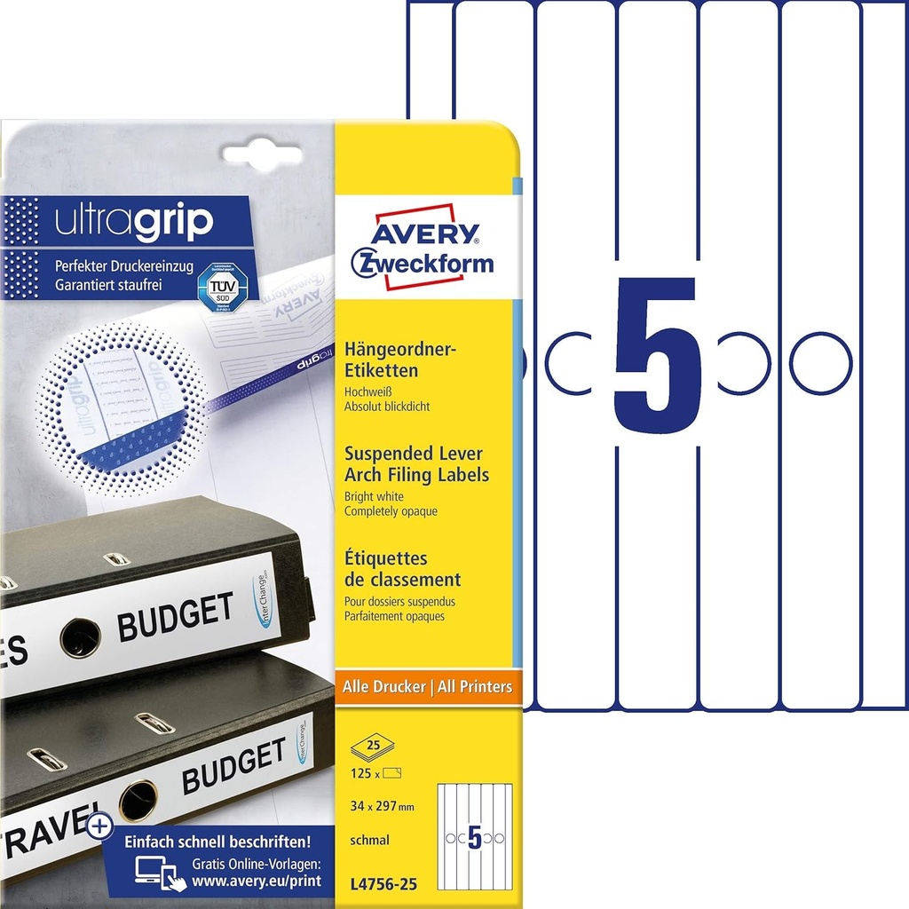 AVERY Zweckform L4756-25 Etichete pentru fisiere suspendate (125 de etichete pentru dosar cu ultragrip, 34x297 mm pe A4, inguste/lungi, complet opace, autoadezive, etichete imprimabile pentru fisiere) 25 de coli, alb