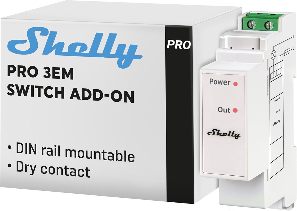 Modul de comutator/contactor Shelly pentru contorul de energie PRO 3EM, automatizare a locuinței, montare pe șină DIN, automatizare a locuinței, aplicație iOS Android, control panou solar, control turbină eoliană