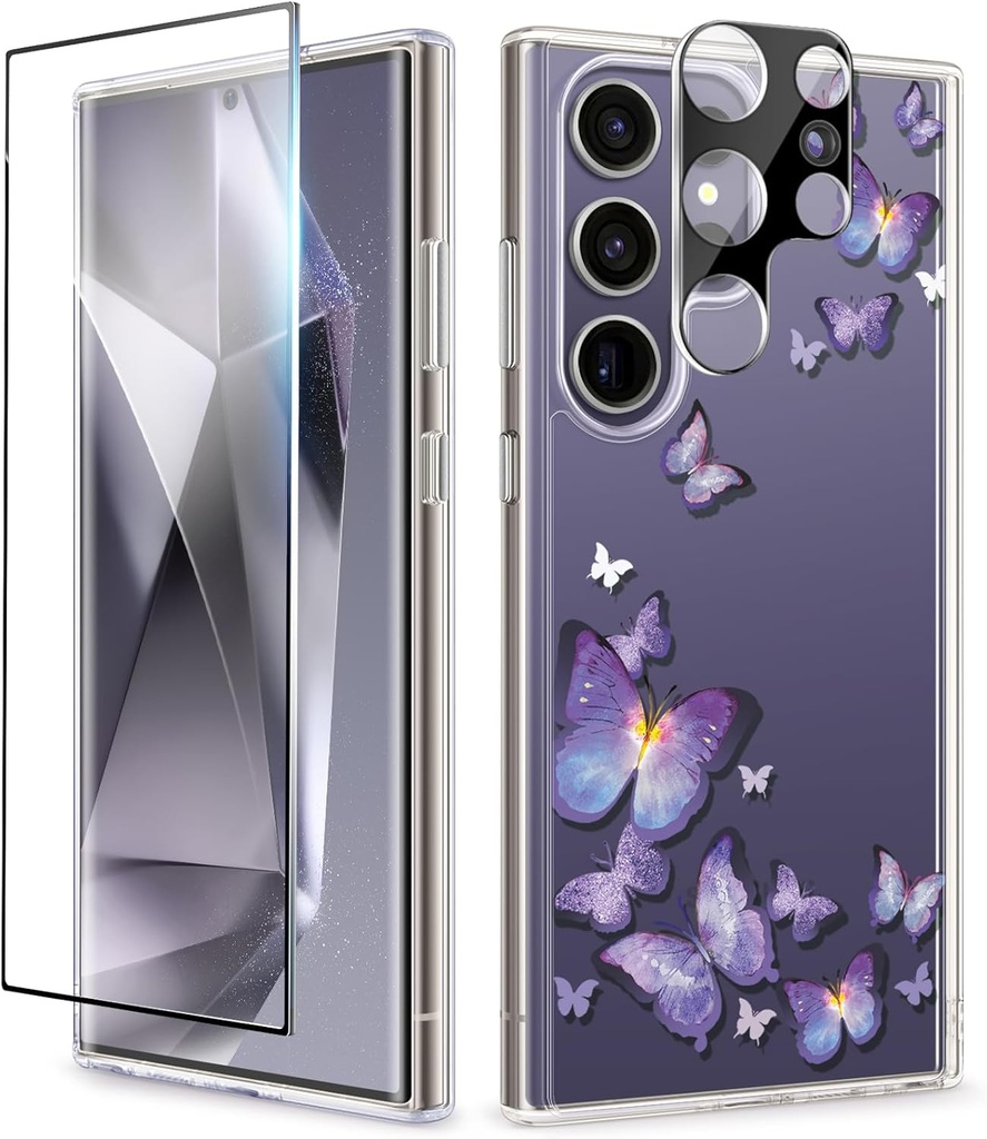 GVIEWIN Compatibil cu Husa Samsung Galaxy S24 Ultra 6.8" 2024, cu Protector de Ecran+Protector pentru Cameră Spate, [Protecție Militară de 10FT] Husă Transparentă Anti-Zgârieturi, Delphinium/Grey