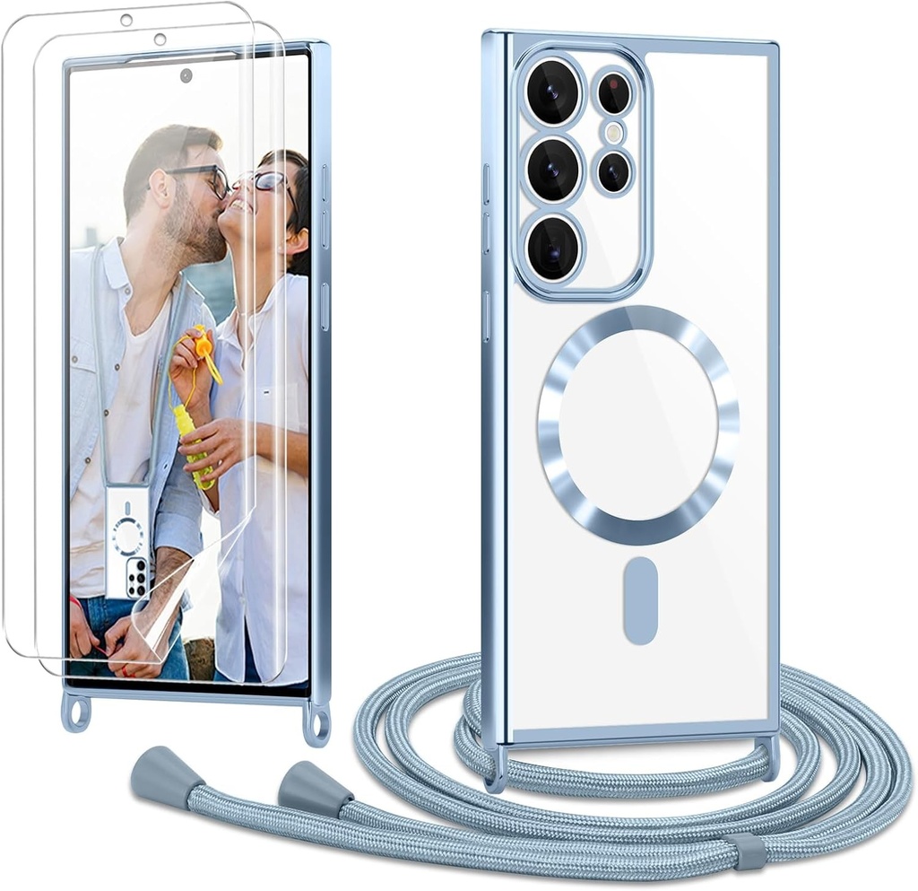 Lant pentru telefon mobil Ethanger pentru Samsung Galaxy S23 Ultra 5G Husa cu curea + 2 pachete de protectie pentru ecran Husa transparenta din silicon pentru telefon mobil Husa de protectie magnetica pentru cablu de agatat pentru Samsung S23 Ultra Blue