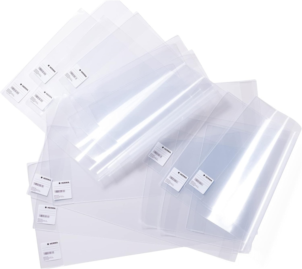 HERMA 14285 Coperti pentru carti 28,5 x 54 cm Basic, 10 bucati, coperti pentru carti cu eticheta si protectie pentru margini din folie de polipropilena care se curata, set de protectie pentru carti, transparent