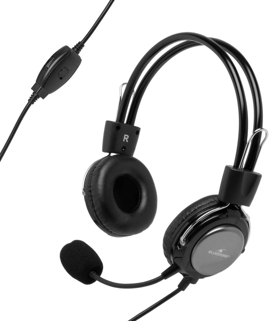 Bluestork MC201 Căști pentru PC - Căști cu anulare a zgomotului cu microfon flexibil - Căști pentru PC cu microfon mufă de 3,5 mm compatibile cu Windows/Mac/Smartphones