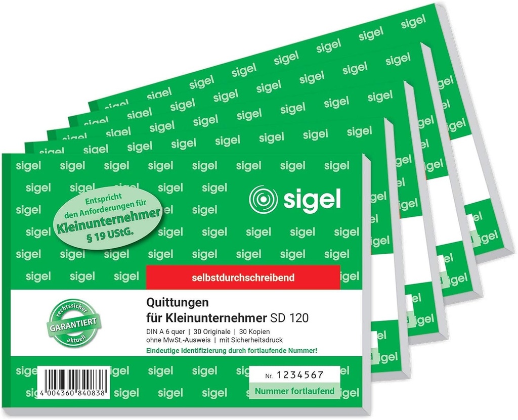 SIGEL SD120/5 Bloc de chitante pentru intreprinderi mici, numerotat consecutiv, numar unic de 7 cifre, peisaj A6, 5 bucati, 2x30 coli, fara carbon, din hartie durabila