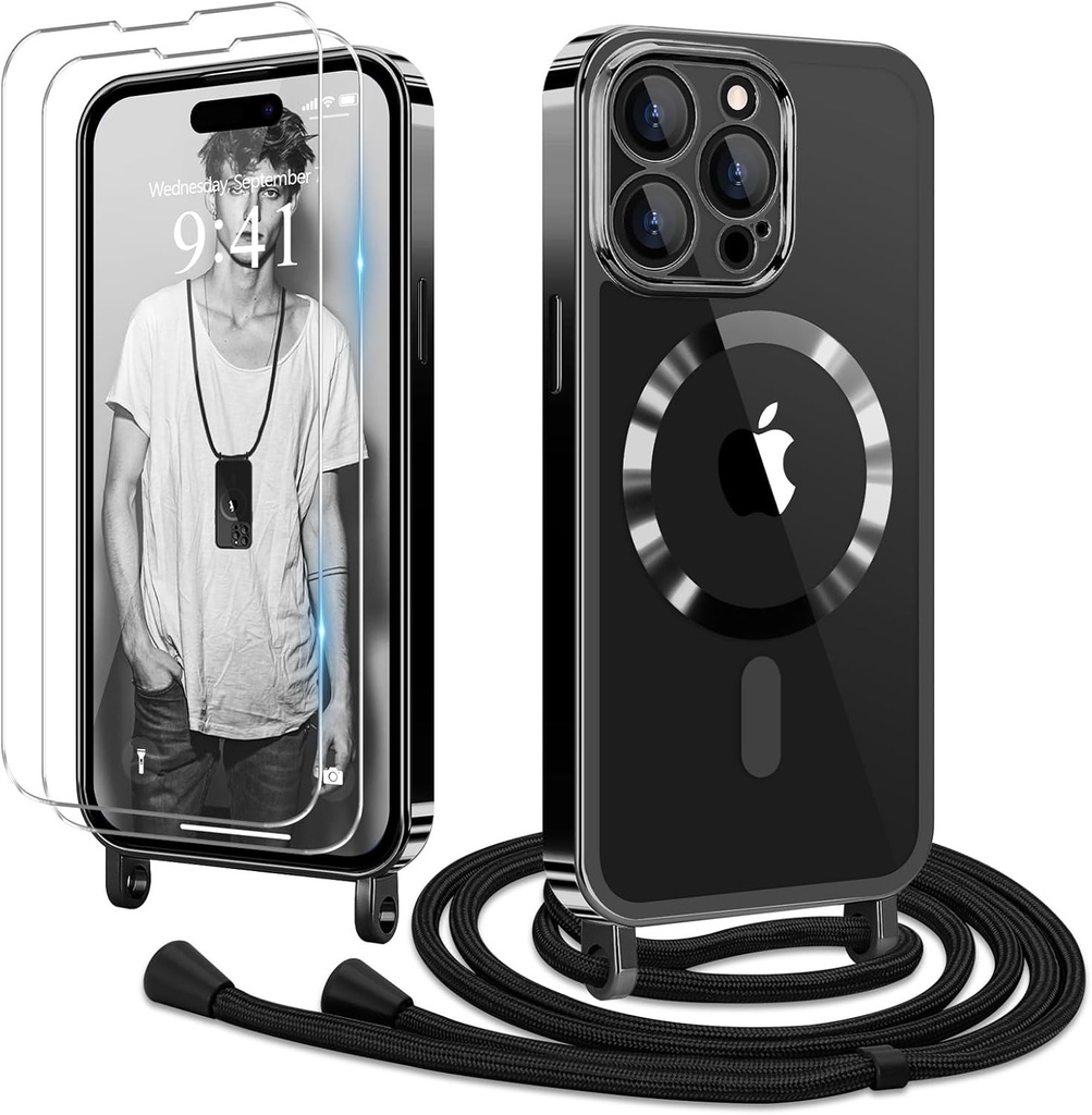 Lant pentru telefon mobil Ethanger pentru husa iPhone 14 Pro Max cu curea + 2 bucati de protectie ecran din sticla Husa transparenta din silicon pentru telefon mobil Husa de protectie magnetica pentru iPhone 14 Pro Max negru