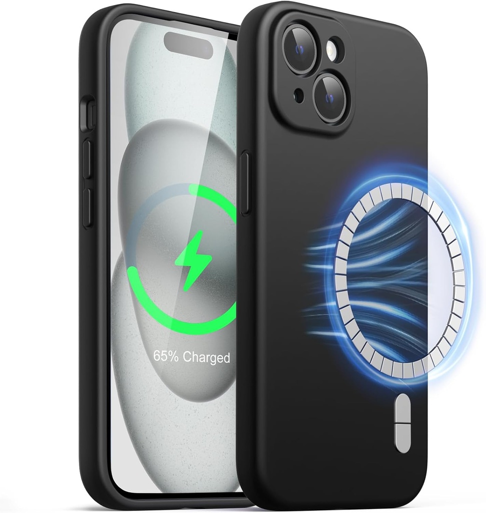 Husă magnetică din silicon JETech pentru iPhone 15 6,1 inchi, compatibilă cu MagSafe, husă pentru telefon cu protecție completă pentru cameră (negru)