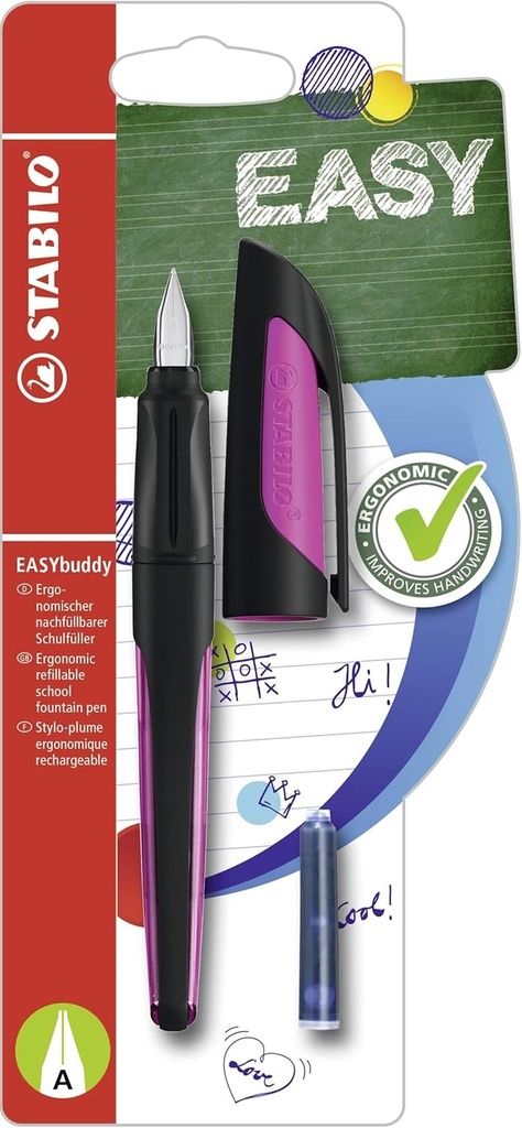 STABILO - Pix pentru scoala cu penit A pentru incepatori - EASYbuddy in negru/magenta - albastru (stersabil) - incl. cartus