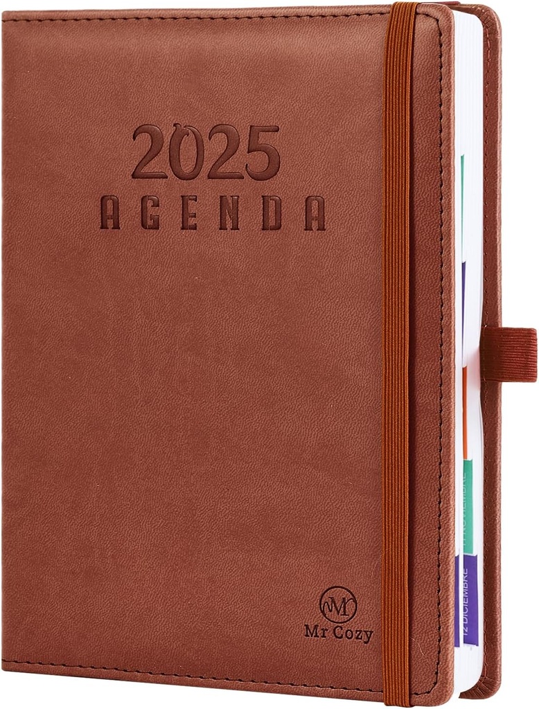 Planificator zilnic 2025 - Mini Planificator săptămânal 2025 - Planificator anual 2025 2026 - cu închidere elastică, suport pentru pix și marker - 21 x 14,8 cm - pagini-152 foi 304 pagini - maro