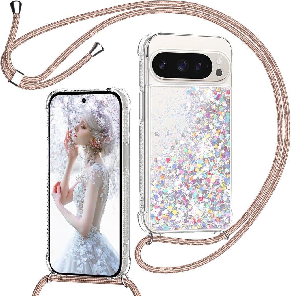 TUUTPU Husa pentru telefon mobil pentru Google Pixel 9/9 Pro cu curea, husa cu sclipici Quicksand pentru telefon mobil cu cablu pentru agatat Husa de protectie transparenta, rezistenta la socuri, cu snur de lant, husa pentru colier cu nisipuri miscatoare in aur roz