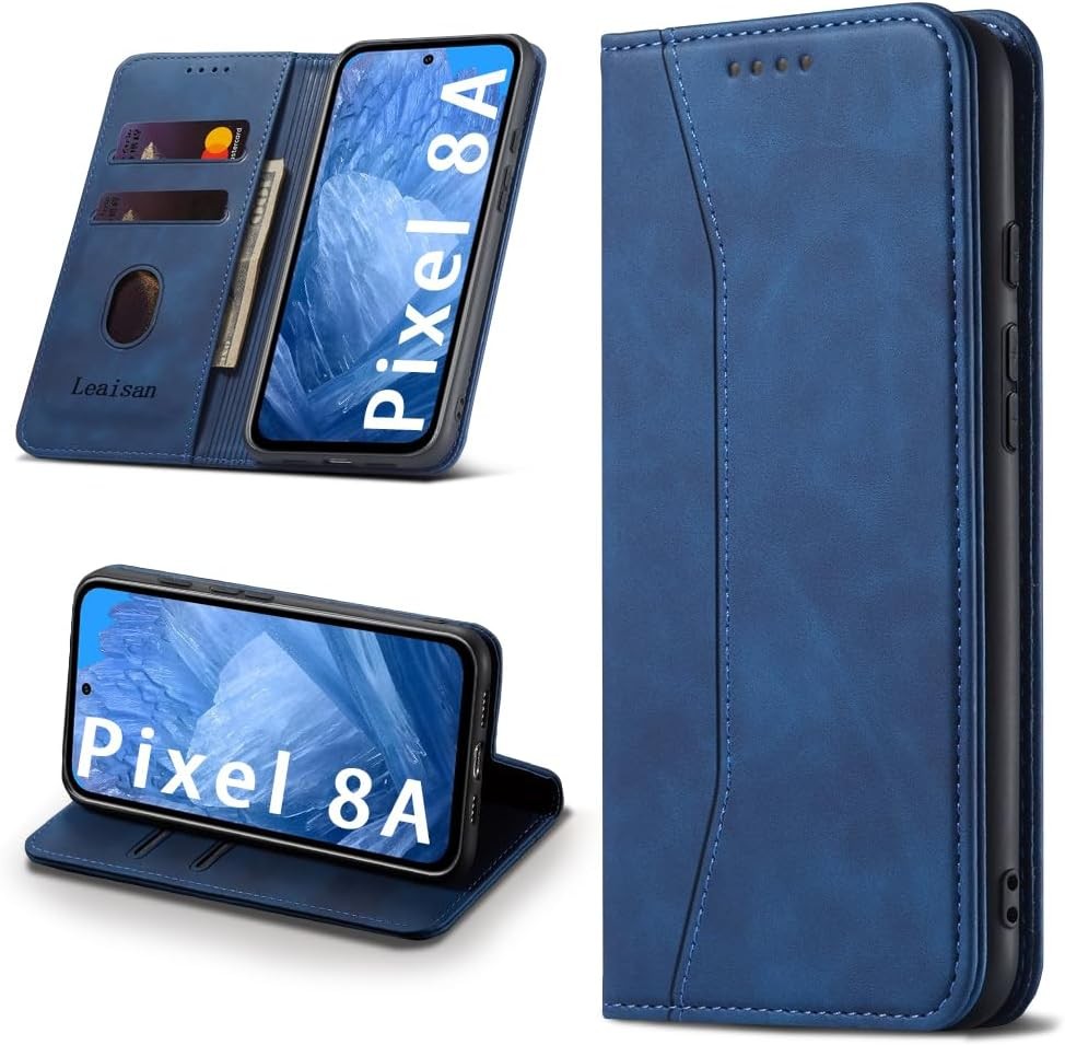 Husa pentru telefon Leaisan pentru Google Pixel 8A Husa din piele premium, pliabila, magnetica, rezistenta la socuri [Functie suport] [Sloturi pentru card] Husa de protectie pentru husa Google Pixel 8A 5G - Albastru