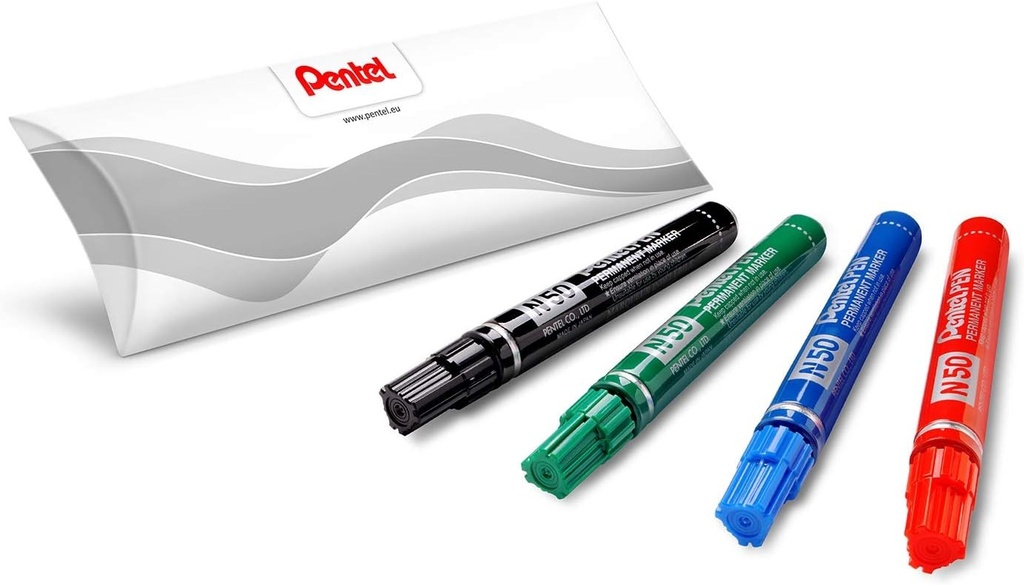Marker permanent Pentel N50, varf conic, 4 buc, culori asortate (negru, rosu, albastru, verde)