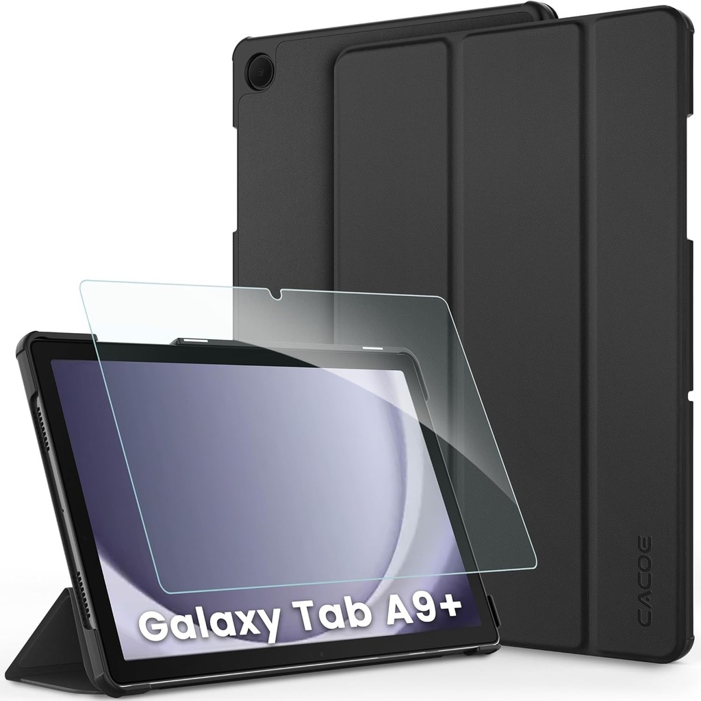 Husa CACOE compatibila cu Samsung Galaxy Tab A9+ / A9 Plus 11 inch 2023, husa subtire cu sticla securizata cu functie de suport pentru SM-X210/ X215/ X216 2023, neagra