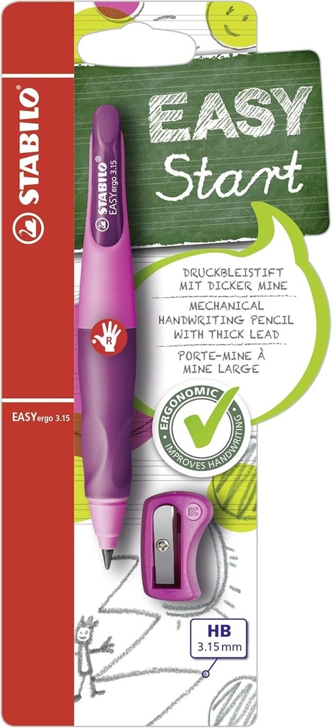 STABILO - Creion retractabil ergonomic pentru dreptaci - EASYergo 3.15 in roz/violet - incl. 1 plumb gros - duritate HB si ascutitor