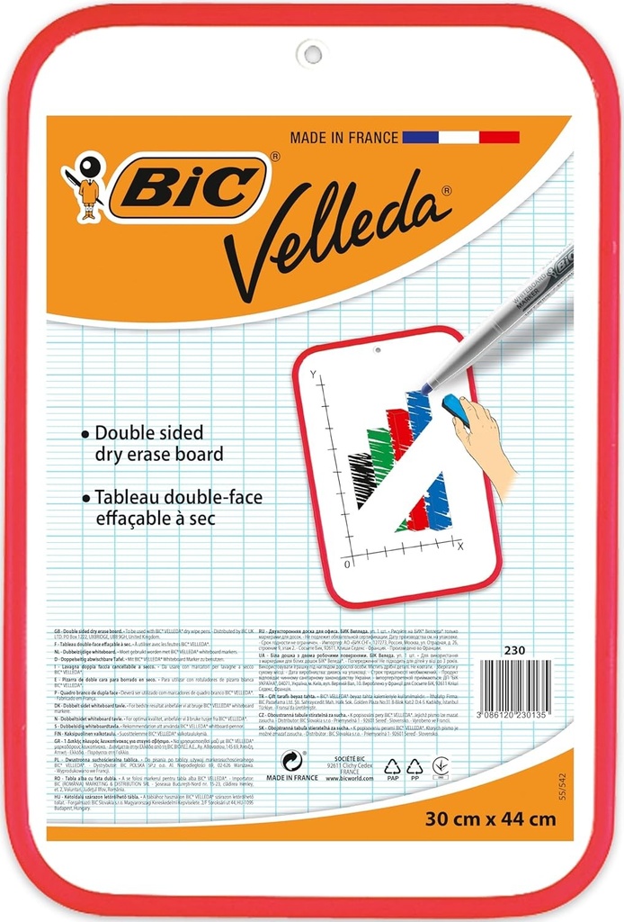 BIC Velleda Tabla alba mica cu doua fete pentru scris, ideala pentru rechizite scolare si de birou, usor de sters, cadru rosu, 30 x 44 cm
