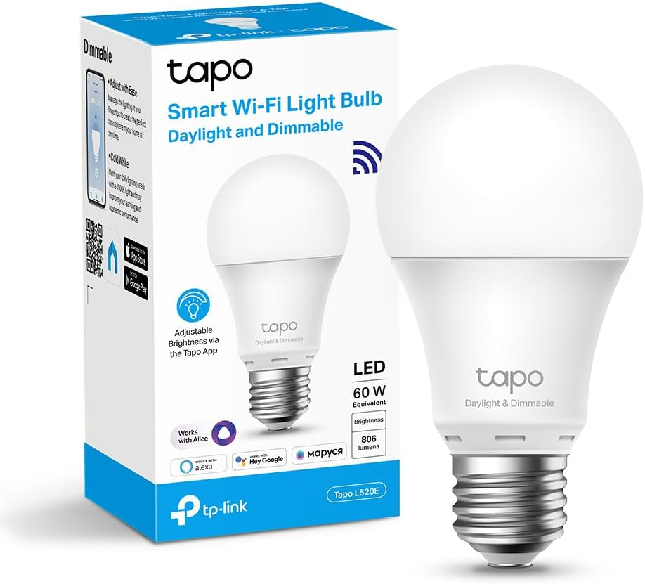 Bec Wi-Fi TP-Link Tapo L520E E27, monitorizare energie, funcționează cu Amazon Alexa și Google Home, lumină naturală și reglabil de la 1% la 100%, 4000 K, 806 lumeni, 60 W, telecomandă APP, alb