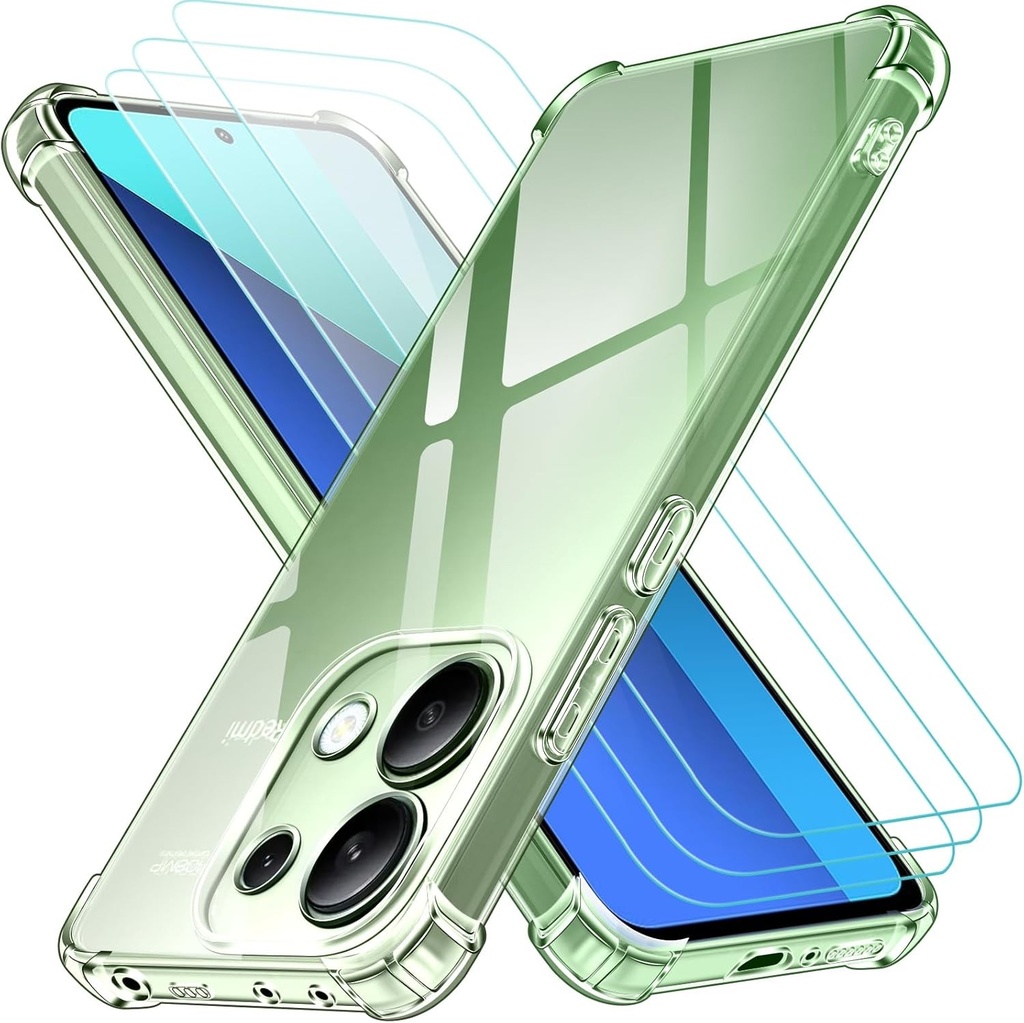 ivoler Husa 4 in 1 pentru Xiaomi Redmi Note 13 4G (Nu pentru Redmi Note 13 5G) cu 3 bucati de sticla securizata, husa de protectie transparenta din silicon anti-soc, husa de protectie moale TPU anti-zgarieturi