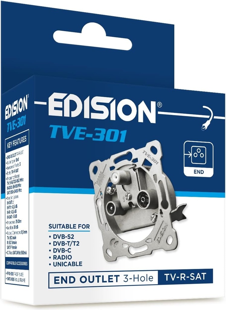 Mufa antena universala Edision TVE-301, mufa terminala TV-R-Sat cu montare incasata 3 conectori, potrivit pentru DVB-S2 Sat, unicable, terestre DVB-T/T2, cablu DVB-C, radio, FM, Dab+, DC Pass-Thru, 3 iesiri