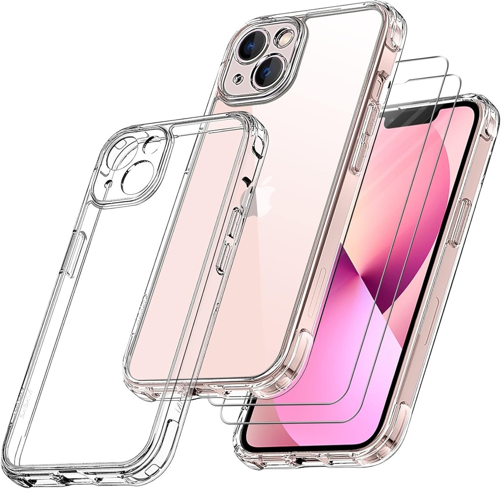 Husa pentru telefon Qasyfanc compatibila cu iPhone 13 mini, husa cu protectie pentru camera si 2 pachete de protectie pentru ecran, carcasa rigida pentru computer, care nu se ingalbeneste niciodata, transparenta, protectie militara, rezistenta la zgarieturi, cu protectie impotriva caderilor, transparenta