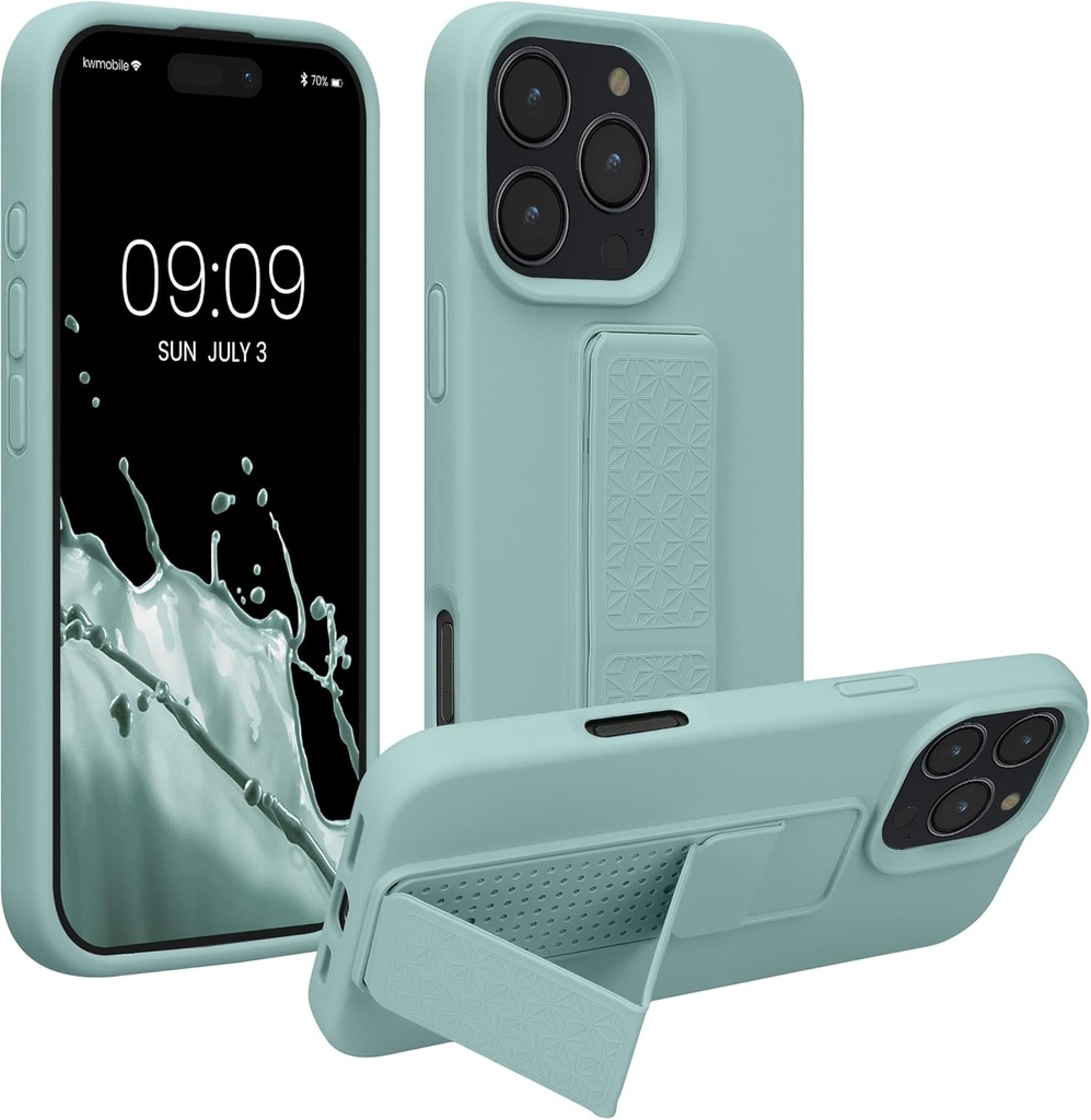 kwmobile Husă pentru telefon compatibilă cu Apple iPhone 16 Pro Max - Husă cu suport pentru degete și funcție de suport - Husă din silicon Husă pentru telefon în verde mentă
