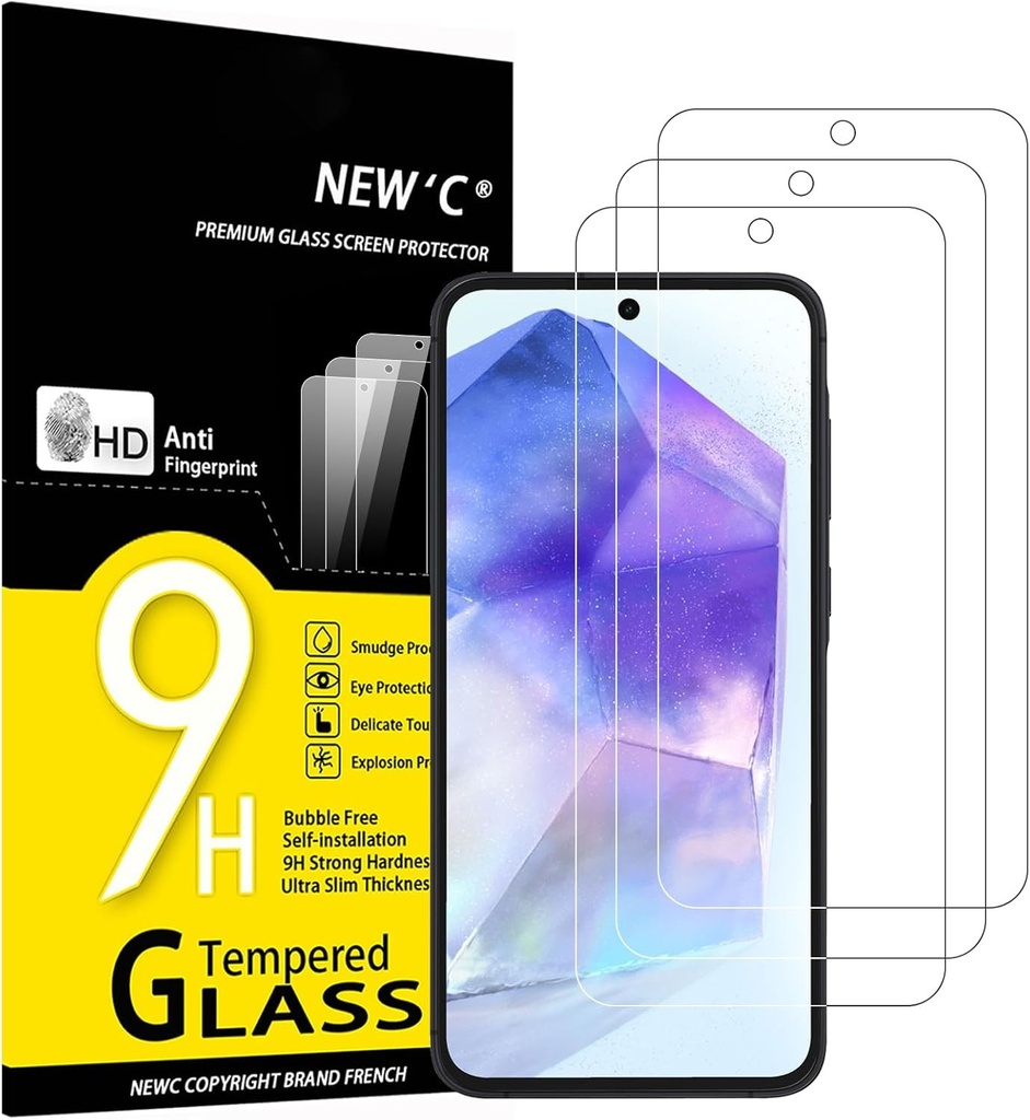 NEW'C Pachet de 2, Protector de ecran din sticla securizata pentru Samsung Galaxy A55 5G, fara zgarieturi, duritate 9H, protector de ecran HD, 0,33 mm ultra-clar, ultra-rezistent