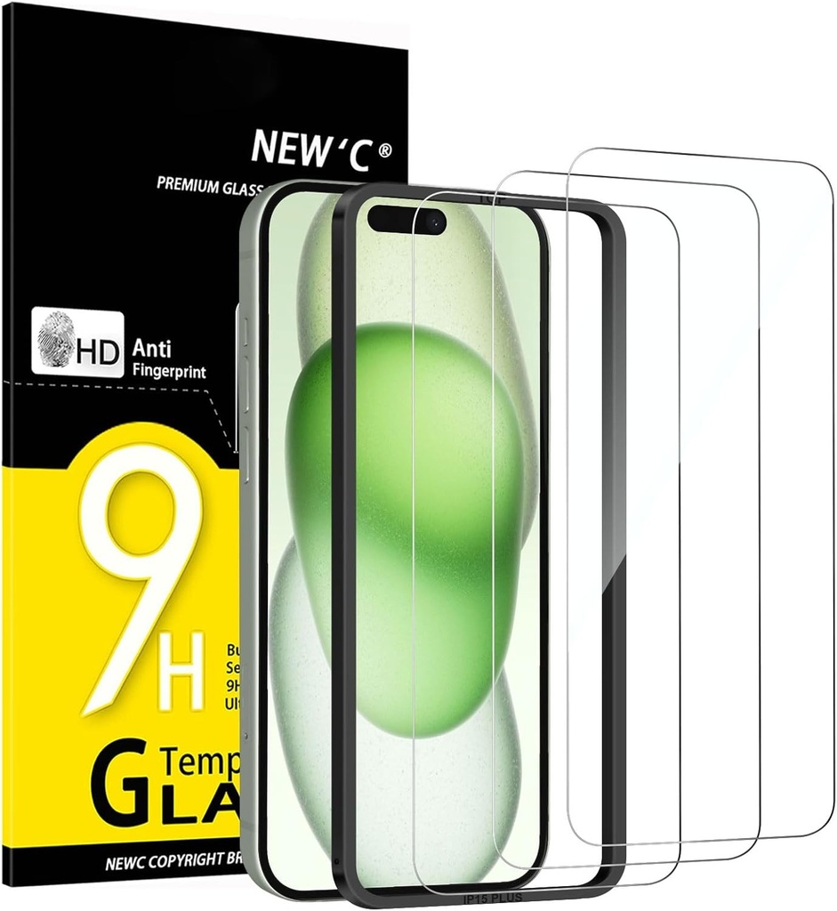Protectie de ecran din sticla securizata NEW'C pachet de 3 pentru iPhone 16 Plus, iPhone 15 Plus (6,7 inchi) - Ultra-rezistenta - HD Clear - Instrument de instalare usor