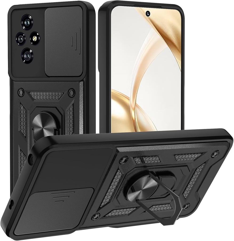 Husa TUUTPU pentru Honor 200 cu capac glisant pentru camera, suport pentru inel rotativ 360° Armura militara dura pentru PC si husa anti-zgarieturi din silicon TPU, rezistenta la socuri, negru