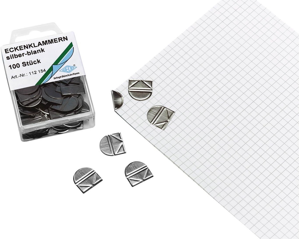 Wedo 112154 Agrafe de colt (din metal lustruit intr-un recipient transparent autoservire), 100 de bucati, argintiu