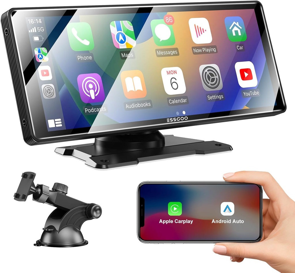 ESSGOO A-pple Carplay și Android Auto cu ecran de 10,26 inchi, A-pple Carplay fără fir cu sensibilitate la lumină, suport Bluetooth hands-free/Mirror Link/AUX, funcționează pentru mai multe modele de mașini, excelent pentru călătorii