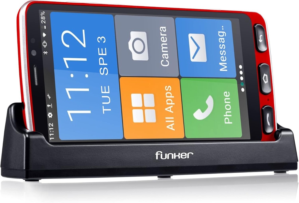 Funker E500I Easy - Smartphone 4G cu WhatsApp pentru seniori, buton SOS, statie de incarcare, pictograme XXL, afisaj HD de 5,5 inchi, memorie extensibila de 16 GB, Android 10 (rosu)