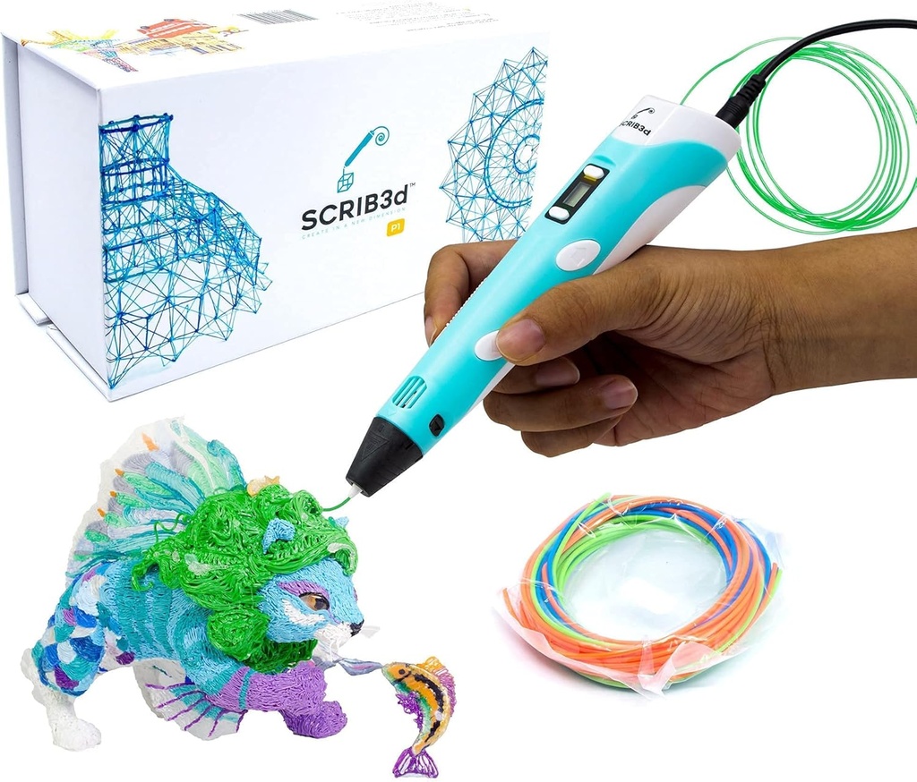 Stilo de imprimare 3D SCRIB3D P1 cu afișaj - Include pix 3D, 3 culori de început de filament PLA, carte de șabloane + ghid de proiect și încărcător