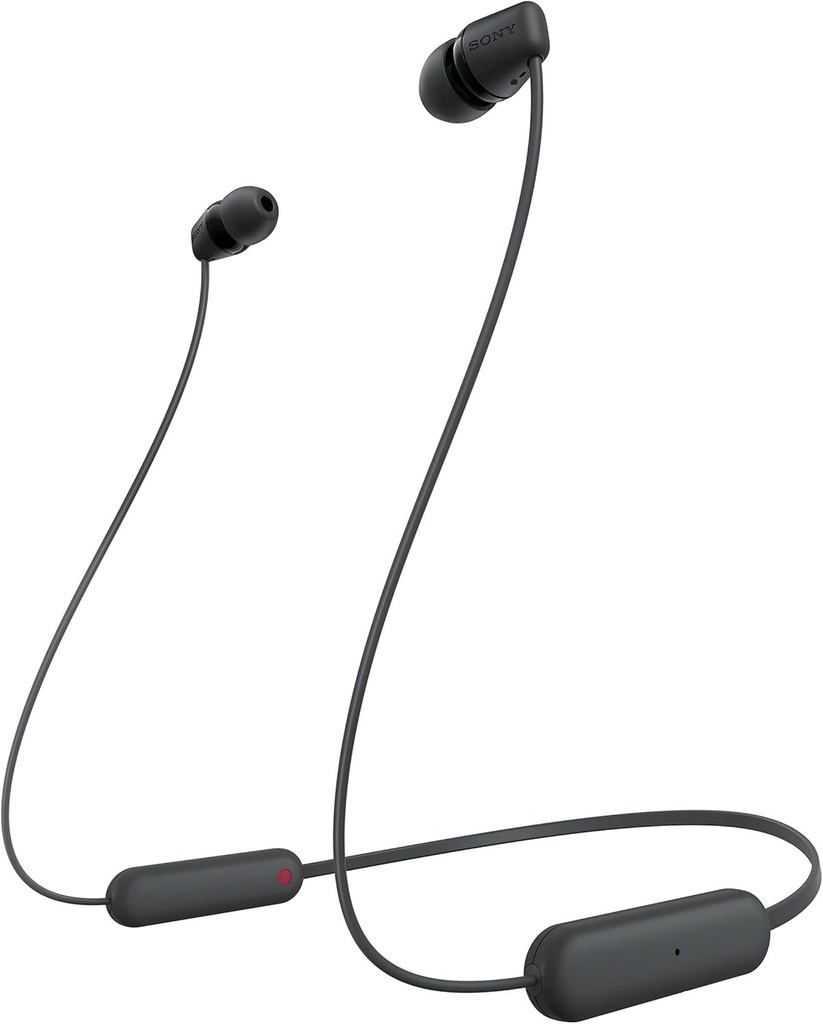 Casti intraauriculare fara fir Sony WI-C100 (pana la 25 de ore de autonomie a bateriei, optimizate pentru asistenti vocali, microfon integrat pentru apeluri telefonice, Bluetooth), negre, mici