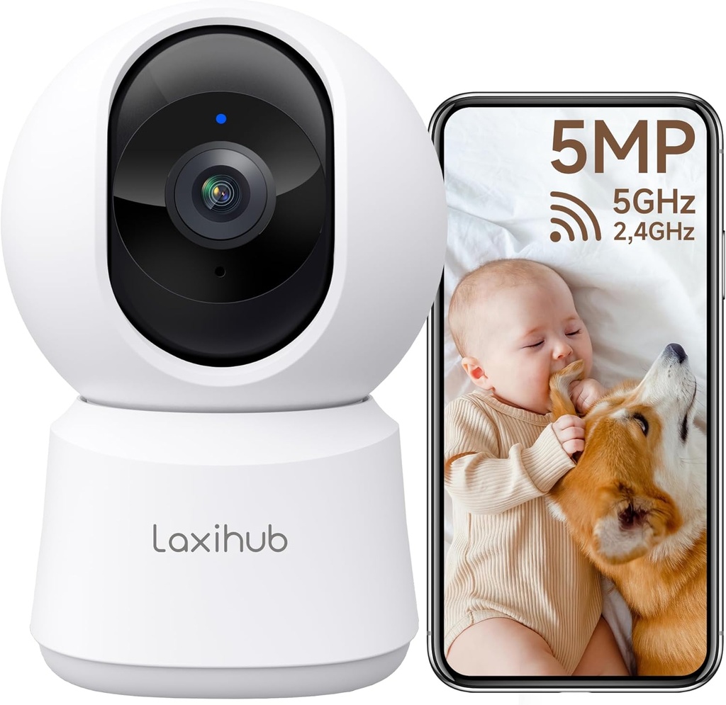 Cameră pentru câini LAXIHUB 5MP cu aplicație Cameră de supraveghere pentru interior pentru bebeluși, Cameră WiFi pentru animale de companie cu bandă dublă 2,4G/5GHz, Cameră de securitate pentru animale de companie cu detectie de mișcare AI Urmărire automată, Pan/Tilt, Audio bidirecțional, Alexa