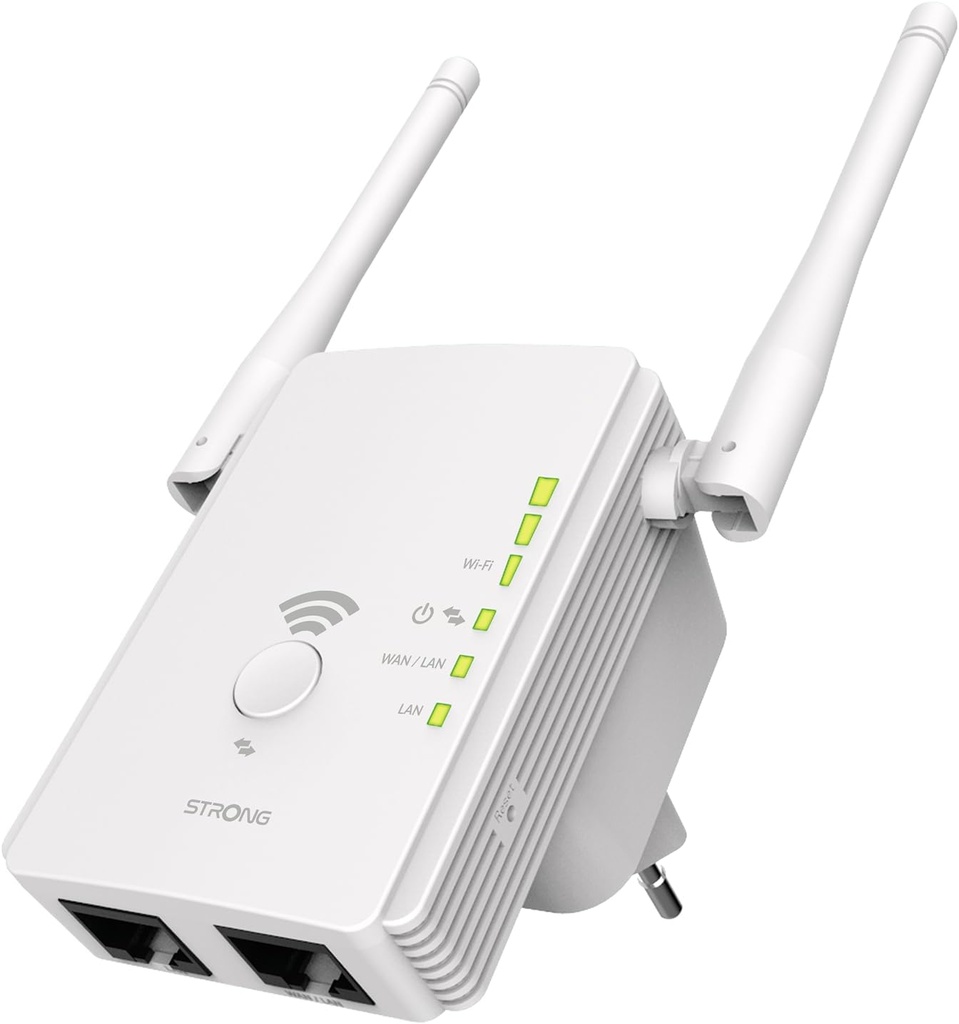 STRONG WLAN Repeater 300 V2, moduri de operare: Universal Repeater/Access Point/Router, 300 Mbps la 2,4 GHz, 2 porturi LAN, amplificator WLAN - alb, REPEATER300V2