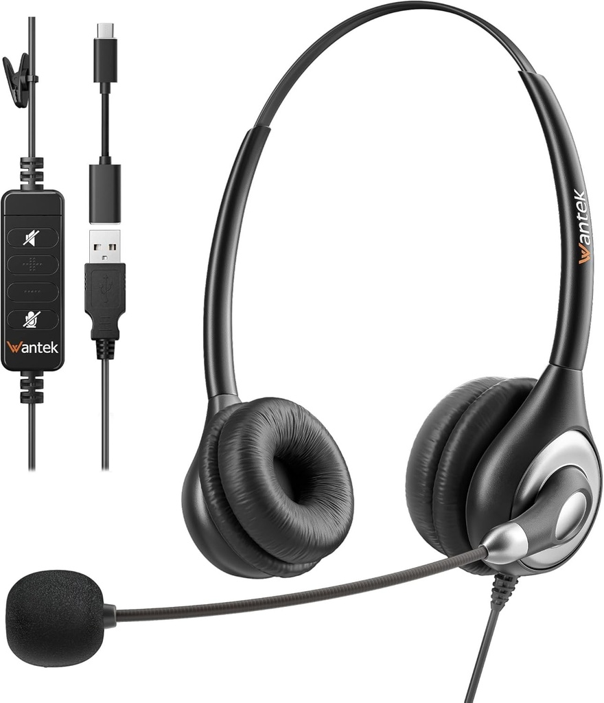 Casti USB Wantek cu anulare a zgomotului cu microfon, casti PC pentru laptop Business Skype UC Lync SoftPhone Call Center Office Webinar, Casti cu microfon cu cablu pentru chat clar, ultra confort