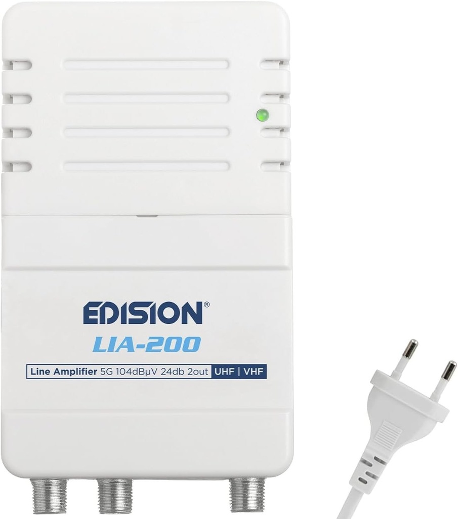 EDISION LIA-200 Amplificator antena TV pentru apartamente interioare UHF/VHF, 12-24db reglabil, 104dBmV, pentru digital terestre DVB-T/T2, cu filtru 5G LTE, 1 intrare, 2 iesiri