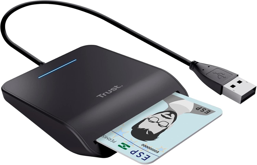 Cititor de carduri inteligente Trust Primo, DNI, compatibil cu FIPS 201, FIPS TAA si ISO 7816 Clasa A, B, C, cablu de 100 cm, USB Plug & Play, negru